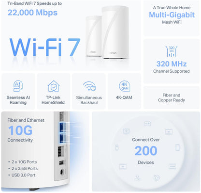 نظام شبكي ثلاثي النطاق WiFi 7 BE22000 للمنزل بالكامل من TP-Link (Deco BE85)