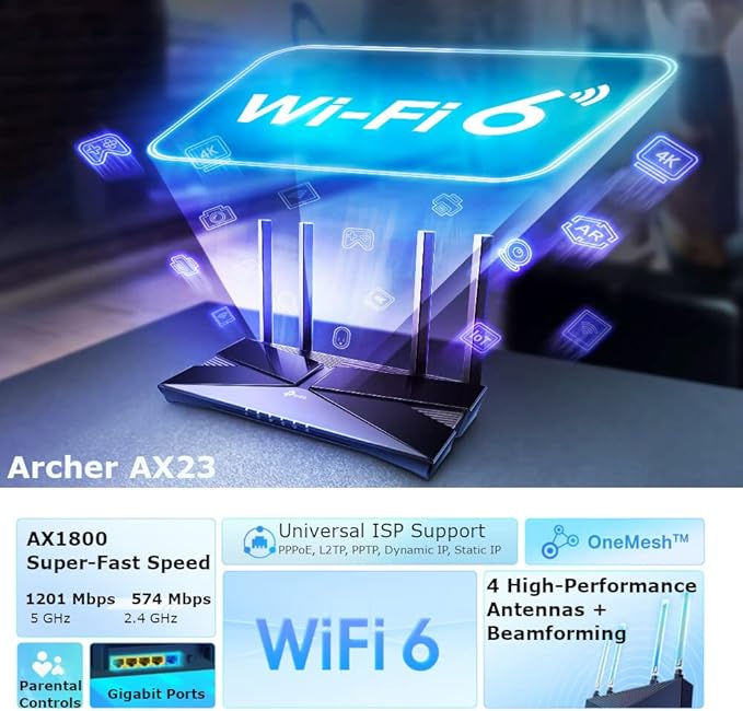 TP-Link WiFi 6 OneMesh Router, AX1800 Mbps Gigabit VPN Router, Dual-Core CPU Fibre Router, WPA3 Cybersecurity, Ideal for Gaming Xbox/PS4/Steam (Archer AX23)